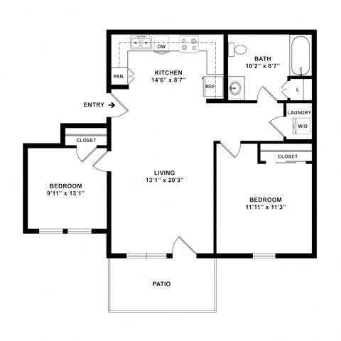 Floor plan for 2 beds, 1 bath, 801 sqft